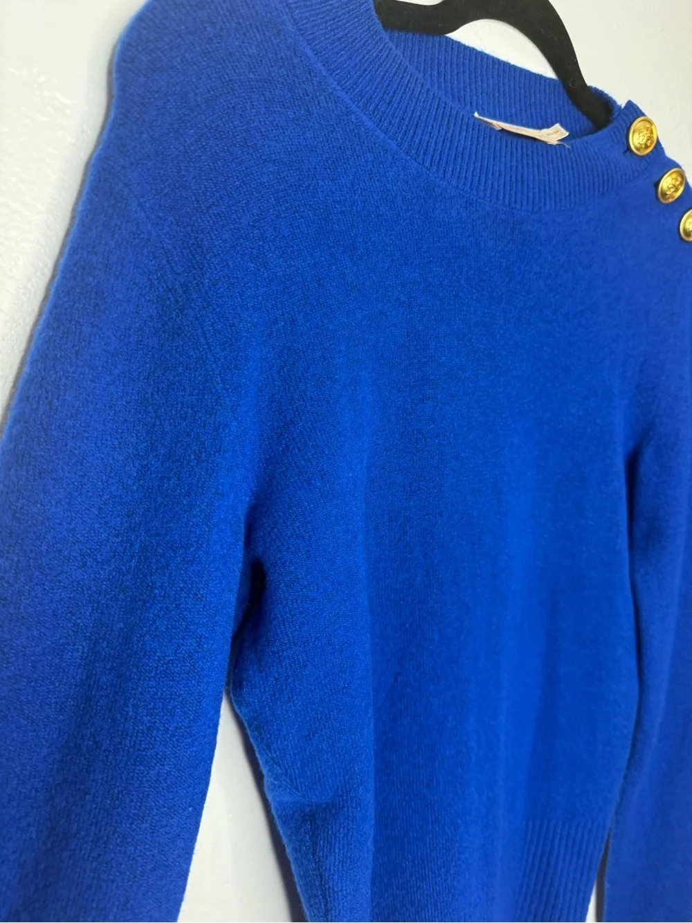 Tory Burch Royal Blue Gold Button Shoulder Wool Blend Sweater XS